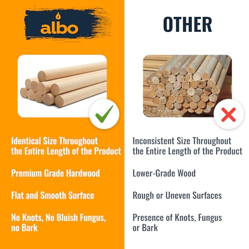 ALBO 1/2" x 6" Wooden Dowel Rods Set - 50 Pack Birch Natural Thin Hardwood Craft Rods Small Crafts Toys Doll Furniture Professional Smooth Bulk Material Handicrafts Miniatures DIY - size: 1/2" x 6" 50 Pcs