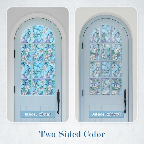 rabbitgoo Stained Glass Window Privacy Film, Blue Lily, 17.5" X 78.7" | Anti UV Heat Blocking Frosted Glass Static Cling Removable, for Bathroom, Bedroom, Living Room - color: Blue Lily, size: 17.5" x 78.7"