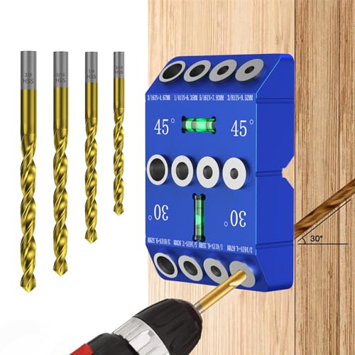 VASTHOME Aluminum 30/45/90° Angle Drill Guide Jig for Woodworking - Precision Angled and Straight Hole Drilling with Bubble Level, for Stair Handrail, Deck Post, Cable Railing, Furniture Assembly - color: Aluminum Blue