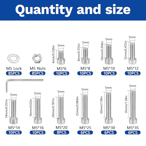 256Pcs M5 201 Stainless Steel Hex Socket Cap Bolt & Nut Set - size: M5x6/8/10/12/16/18/20/25/30/35-256Pcs