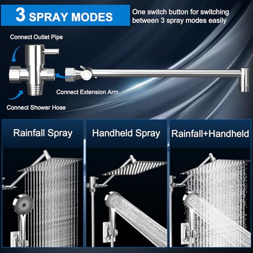 Shower Head, Rain Shower Head with Handheld Spray Combo, 10 Inch Adjustable High Pressure Rainfall Shower Head, Dual Showerhead Set with Extension Arm and 60 Inch Long Shower Hose (Silver) - color: Silver, size: 10 Inch