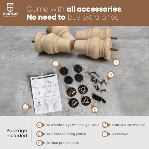 4 inch Solid Wood Bun Feet Unfinished 4-Pack with 5/16" Bolts - color: Unfinished