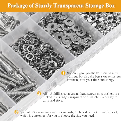 565 Pieces M3 Machine Screws Nuts Washers Set, Sutemribor M3 x 4/6/8/10/12/16/20mm Phillips Countersunk Head Machine Screws Nuts Washers Assortment Kit, 304 Stainless Steel, Fully Threaded - size: M3, style: Phillips Countersunk Head