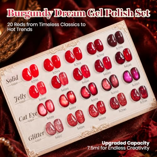Beetles Red Gel Nail Polish Set, Jelly Glitter Cat Eye Solid Color | 20 Colors Shimmer Magnetic Nail Gel Kit with Base Coat Top Coat Matte Top Coat, LED UV Light Cure Soak Off Nail Art Manicure - color: A-Mixed Finishes | Burgundy Dream