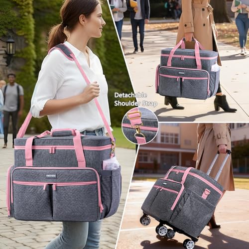 AMOIGEE Rolling Craft Bag with Wheels for Sewing Machine & Craft Supplies - color: Pink, size: With Wheels