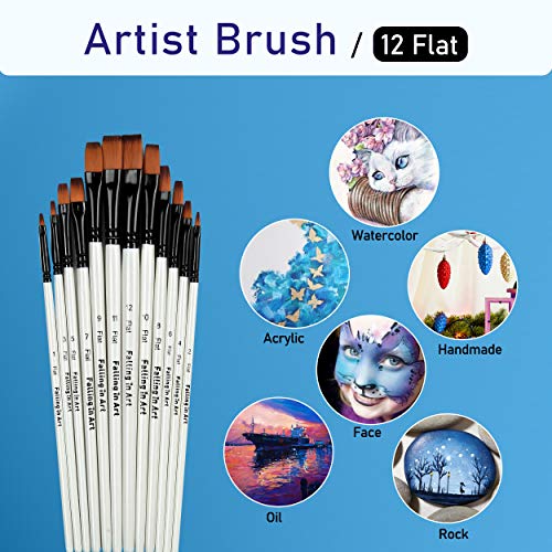 Falling in Art 12 PCS Professional Flat Paint Brushes Set - size: 12 Pcs Flat Nylon