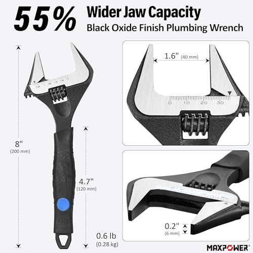 MAXPOWER 8-inch Wide Jaw Adjustable Wrench, 1.6" Jaw Opening, Soft Grips - size: 8-inch