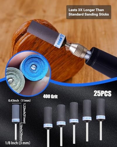 400 Grit Sanding Drums for Dremel Rotary Tools Accessories, 25PCS Sanding Bits Kit for Dremel Sanding Bands with 1/8 inch Shank, Sandpaper Sticks Set for Plastic Wood Metal Grinding Polishing - style: 400 Grit 25PCS