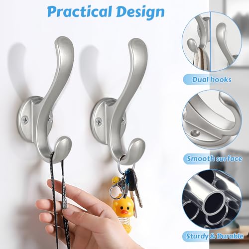 4 Pack Coat Hooks Wall Mount Heavy Duty Utility Retro Double Hooks for Hanging Coats,Hat, Towel, Key, Robe, Scarf, Bag, Cap (Silver) - color: 4 Pack-Silver