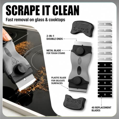2 Pack Razor Scrapers + 40Pcs Extra Blades,Razor Blade Scraper Tool Kit