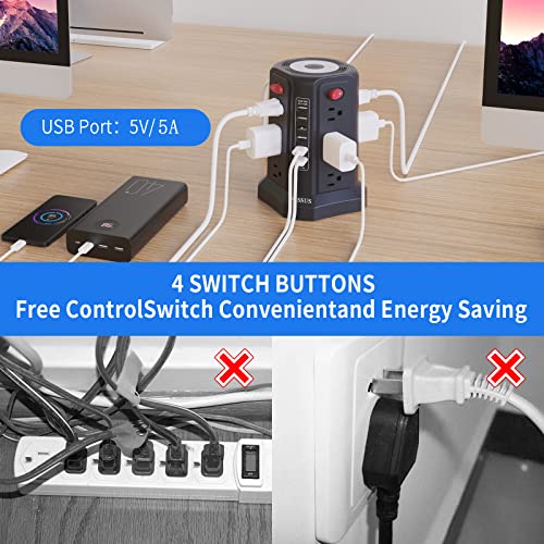 PASSUS Surge Protector Power Strip Tower with 5 USB Ports Black - color: Black-5 USB A
