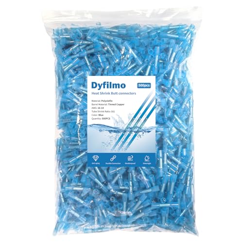 Heat Shrink Butt Connectors - 500Pcs 16-14 AWG Blue Waterproof Electrical Wire Connectors Automotive Marine Grade Wire Crimp Terminals Butt Splices for Cable,Boat,Home Electrical etc. - size: [16-14 AWG] x 500