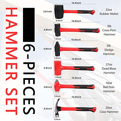 C&T 6-Piece Hammer Set, Fiberglass Handle & Mallet Set, Metal Working | Garage Home Kit | Mechanic Tools | Sledge Hammer | blacksmith Hammer | Ball Peen Hammers | Hand Tools - style: 6pc