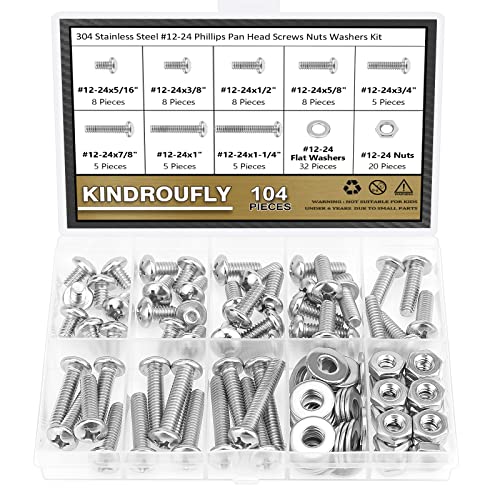 104 Pieces #12-24x 5/16", 3/8", 1/2", 5/8", 3/4", 7/8", 1", 1-1/4", Phillips Pan Head Machine Screws Nuts Washers Assortment Kit, 304 Stainless Steel, Fully Machine Thread - size: #12-24