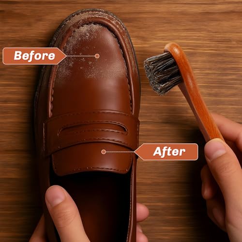 4 Pcs Horsehair Shine Shoes Brush Kit Polish Dauber Applicators Cleaning Leather Shoes Boots Care Brushes Suede Cleaner Brush with Microfiber Shoe Cloth(Brown Handle B) - style: Brown Handle B