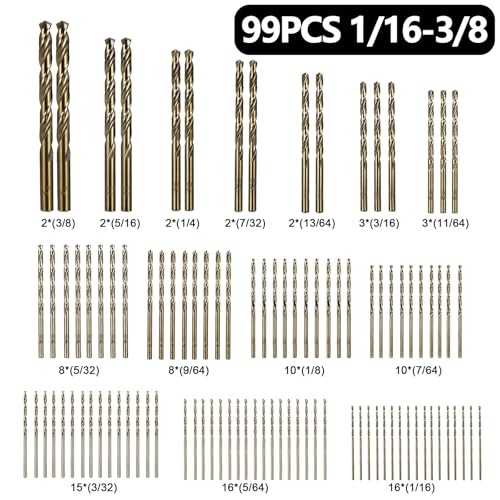 Cobalt Drill Bits Set for Hardened Metal and Stainless Steel, 99Pcs M35 High Speed Steel Twist Jobber Drill Bits 1/16"-3/8", with Plastic Index Storage Case - size: 1/16-3/8 in (99 pcs)
