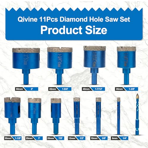 Qivine 10Pcs Diamond Hole Saw Kit, 1/4" to 2" Serrated Brazing Tile Hole Saw Kit, Diamond Glass Core Drill Bit with Durable Sharp Dry/Wet Drills for Ceramic, Glass, Tile, Stone, Pots