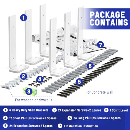 Goovilla Shelf Bracket, Floating Shelf Brackets 8 inch Long, 6 Pack, White - size: 8 Inch, style: White 6Pack