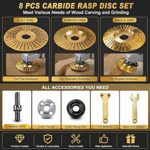 8-Piece Tungsten Carbide Wheel Set, Angle Grinder Polishing Pad & Grinding Discs, Heavy Duty Wood Carving Disc for Grinding, Shaping, Sanding, Abrasive Wheels for Woodworking