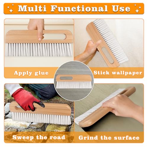 Concrete Brush with Wood Handle, Multi-Purpose Wallpaper Smoothing Tool for Tile Grout Scrubbing, Masonry and Paste Application