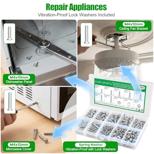 451Pcs M4 Phillips Pan Head Machine Screws Nuts Washers Set,304 SS | With Flat & Spring Washers, For Furniture Repairs & Diy,M4x5/6/8/10/12/16/20mm, Clear Label Storage Box - size: 451Pcs M4*5/6/8/10/12/16/20mm