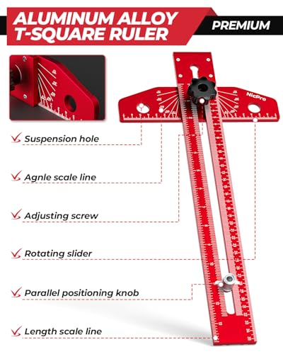 Nicpro Woodworking Scriber T Ruler with Pencil, Aluminum Alloy T Square