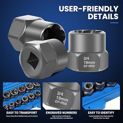 14 Piece Bolt Extractor Kit,Stripped Bolt & Lug Nut Remover Set,3/8" Drive Extractor Socket Set, SAE/Metric for Damaged, Rusted, Frozen Nuts and Bolts - color: 14pcs