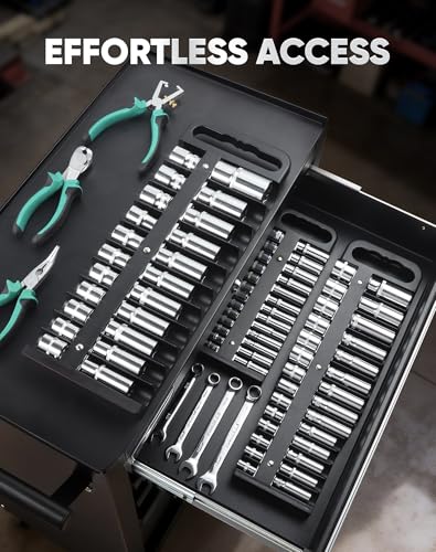 Reniteco 3-Piece Magnetic Socket Organizer Tray, for 1/2'', 3/8 '', 1/4'' Drive Metric/SAE Hold up to 76 Sockets, Heavy-Duty Socket Holder with Handle & Magnetic Base, Sockets Not Included - color: Black
