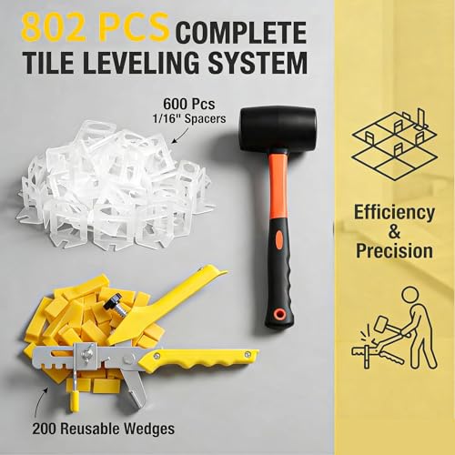 Tile Leveling System with Tile Pliers and Hammer, 600 Piece Tile Spacers 1/8 Inch Tile Clips and 200 Piece Reusable Wedges Tile Leveling Tools for Tiles and Stone Installation