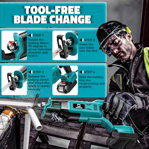 Cerycose Cordless Reciprocating Saw Compatible with Makita 18V Battery, Variable Speed 1" Stroke Length,3200 SPM, Toolless Blade Change, 4 Saw Blades for Metal Wood PVC Cutting (Tool Only) - style: Two-handed for Makita battery