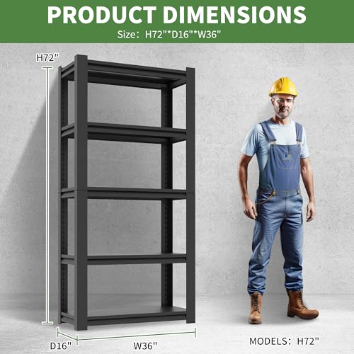 72" H Garage Shelves, Garage Shelving Heavy Duty, 2500Lbs 5 Tier Adjustable Garage Storage Shelves Suitable for Warehouse, Basement, Workshop, Kitchen, Require Assembly, 16" D*36" W*72" H(Black) - color: Black, size: 15.75"D*35.43"W*72.05"H