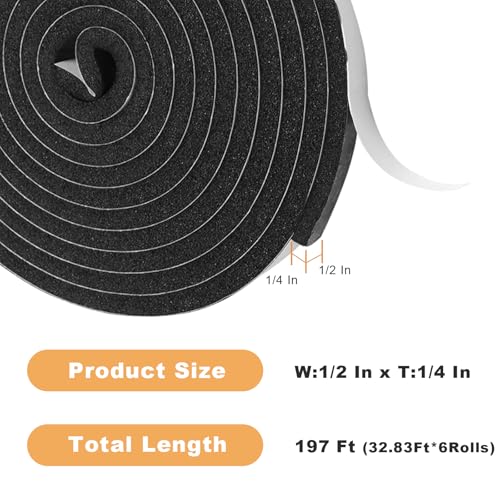 Foam Insulation Tape self Adhesive,1/2In x 1/4In x197Ft Weather Stripping for Doors and Windows,Sound Proof soundproofing Door Seal,Weatherstrip,Pipe Cooling, Air Conditioning Seal Strip - size: 1/2 in x 1/4 in x 197 ft