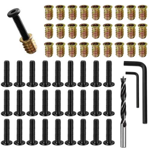 1/4"-20 Threaded Insert Nuts 28 Sets for Wood – Furniture Hardware Kit with Hex Drive Bolts, Pilot Drill Bit + Wrenches – for DIY Furniture Assembly, Bed Frame Repair, Cabinet Building - size: 28 PCS 1/4"-20
