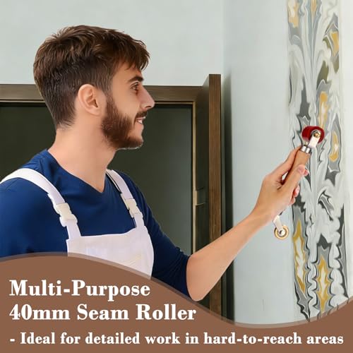 Sumnacon 40mm Silicone Seam Roller with 6mm Brass Detail Penny Roller, Welding Handheld Roller Tool with Wooden Handle, Automobile Sound Deadening Roller for Wallpaper Banner PVC/TPO/EPDM Application - size: 40mm+6mm