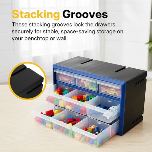 NORTHSKY 9-Bin Small Parts Cabinet, Stackable, Blue, 14.17 × 7.09 × 9.45 in 9 * Blue (9 Drawer & Clear) - size: 9 Drawer