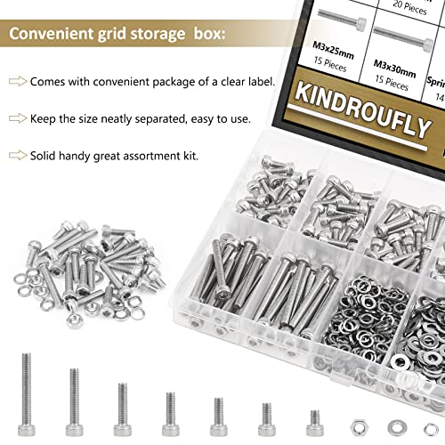 542 Pieces M3 x 6/8 /12/16 /20/25 /30mm Hex Socket Head Cap Screws Nuts Washers Assortment Kit, 304 Stainless Steel, Fully Machine Thread - size: M3, style: Socket Head