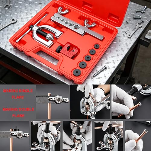 smseace 3/16 Inch+1/4 Inch Brake Line Flaring Tool Kit Include 25 FT Copper-Plated Brake Line Kit with 94pcs Fittings,8pcs Union,Tubing Bender,Double & Single Flare Tool,Cutter - color: Gold-B, size: 3/16inch+1/4inch