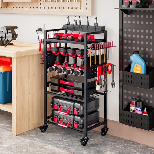 INGIORDAR Power Tool Organizer Storage Cart with Charging Station,Black - size: 4 Tier (with Charging Station)