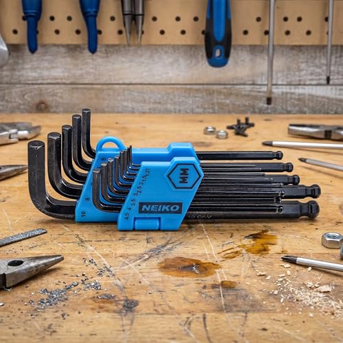 NEIKO 01100A Metric Allen Wrench Set, 13 Piece Ball End Hex Key Set, Long Allen Keys 1.27mm to 10mm Hex Wrench Set for Bike Bicycle Repair, Black Oxide Chrome Vanadium, Hanging Storage Case - size: Metric - 13pc