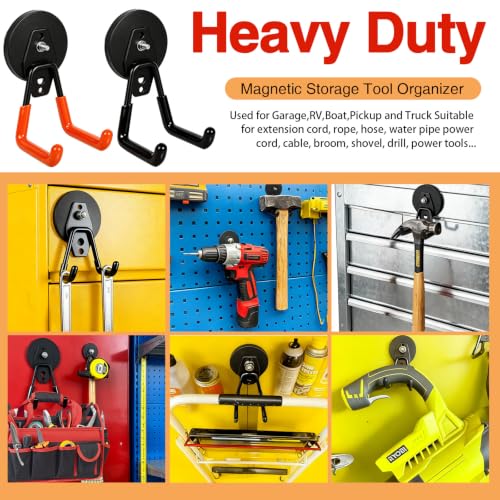 4 Pack Strong Magnet Hooks Heavy Duty, Rubber Coated No Damage Hook for Garage Storage, Dual Hook Design, Large Magnetic Hangers for Tools, Garden, Workshop (Orange2pcs + Black2pcs)