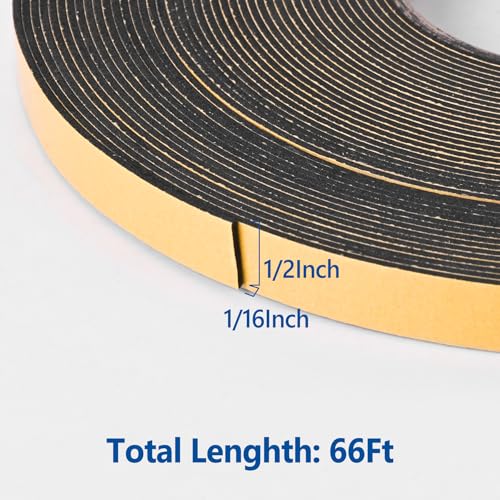 Self Adhesive Foam Tape Weatherstrip 1/2in x 1/16in x 66Ft High Density Foam Insulation Strips Foam Seal Weather Stripping with Strong Adhesive for Door and Window Sound Isolation Soundproofing - size: 1/2in x 1/16in x 66Ft