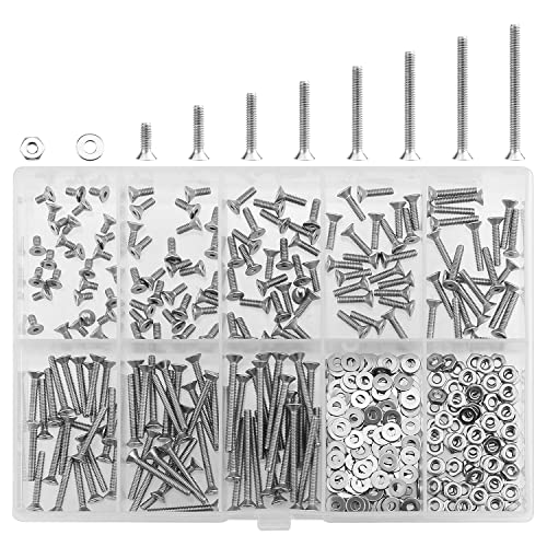 HELIFOUNER 250 Pieces #2-56 x 3/16" 1/4" 5/16" 3/8" 1/2" 5/8" 3/4" 1", Countersunk Head Socket Cap Screws Bolts Washers Nuts Kit, Coarse Thread, Fully Machine Threaded, 304 Stainless Steel - size: #2-56, style: Countersunk Head