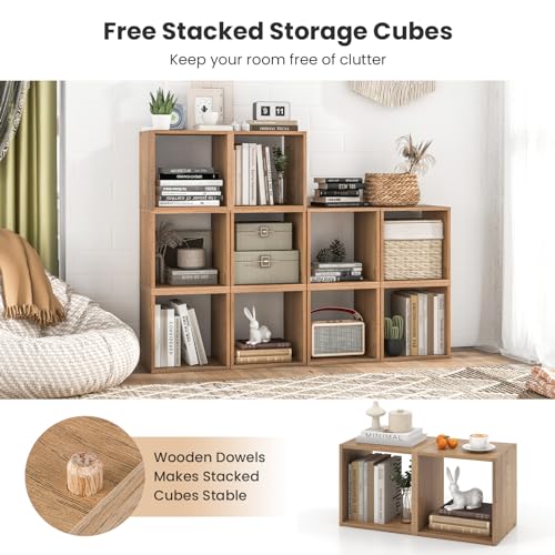 2 Stackable Cubes Bookcase, Wooden Cubby Storage Organizer - color: Natural