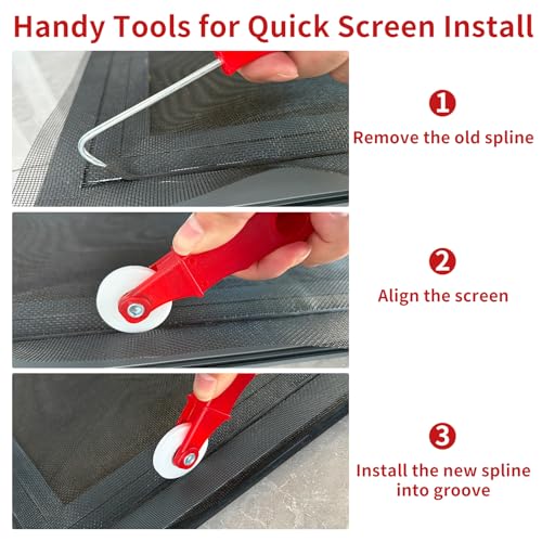 4PCS Window Screen Door Repair and Replacement Kit, 48"x118" Fiberglass Screen Mesh, 0.125" x 40' TPE Spline,Spline Roller and Remove Hook, Window Screen and Sliding Screen Door Replacement - size: Screen with Tools