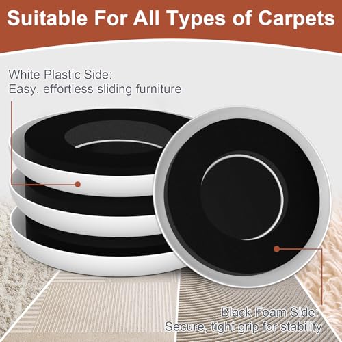 Furniture Sliders for Carpets - Anti-Slip Groove for More Secure Grip - size: 4.3in Round 4Pack