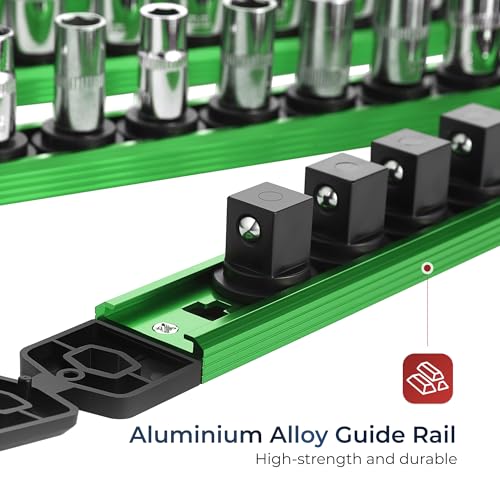 Reniteco Magnetic Socket Organizer, 3/8” Aluminum Alloy Rail, 14 Clips - color: Green, size: 3/8-inch Drive