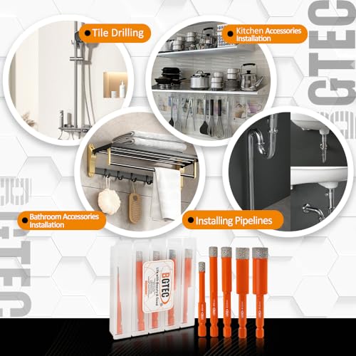 BGTEC Dry Diamond Drill Bits 5pcs 6mm 8mm 10mm 12mm 14mm with Quick Change Hex Shank for Granite Marble Porcelain Tile Ceramic - size: 1/4"+5/16"+3/8"+1/2"+3/5"