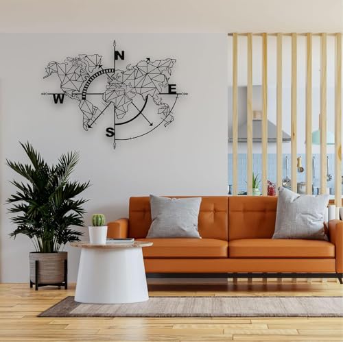 Metal World Map Wall Art Geometric Compass, Wall Decor Art Work, Metal Sign, Home Living Room Decoration, Black (55"W x 41"H / 140x104 cm) - size: 55"L x 41"W