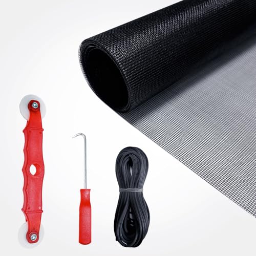 4PCS Window Screen Door Repair and Replacement Kit, 48"x118" Fiberglass Screen Mesh, 0.125" x 40' TPE Spline,Spline Roller and Remove Hook, Window Screen and Sliding Screen Door Replacement - size: Screen with Tools