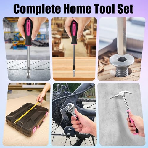 JENABOM 127-Piece Home Tool Set with 8V Pink Cordless Drill - color: Light Pink